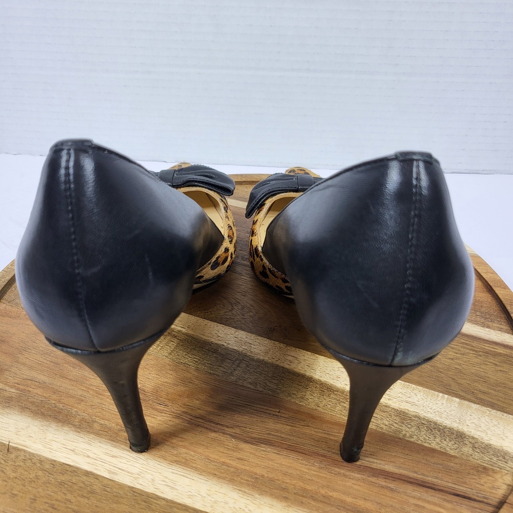 Kate Spade Leopard Print Calf Hair Black Leather‎ Bow Pointed Toe Pumps 6.5M - Picture 6 of 13